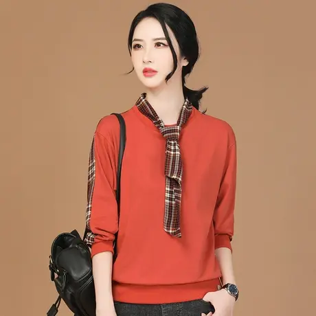 韩潮袭人围巾领格子拼接套头卫衣女2024春装新款长袖上衣T恤薄款图片