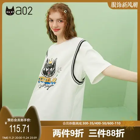 a02甜酷减龄假两件T恤女夏季新款卡通印花宽松休闲短袖上衣女商品大图