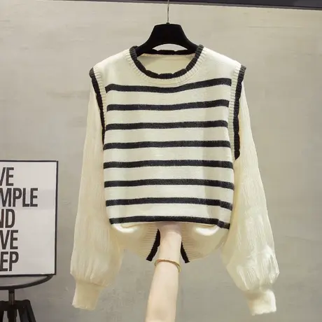 圆领条纹灯笼袖拼接针织衫2023秋装新款宽松外穿上衣毛衣女套头潮图片