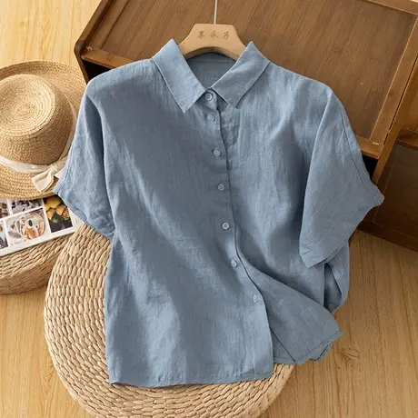 享永子短袖亚麻衬衫女文艺复古棉麻上衣宽松显瘦衬衣2024夏季新款商品大图