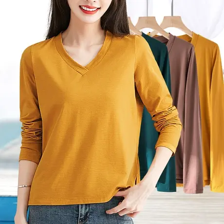 纯色V领长袖打底衫女百搭显瘦下摆开叉时尚t恤春秋季宽松薄款上衣图片