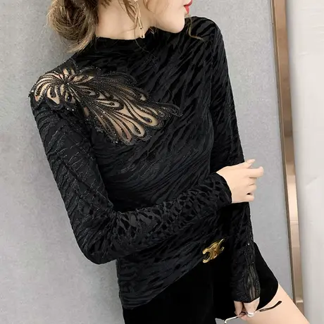 加绒加厚打底衫女春秋百搭洋气镂空烫钻T恤女长袖半高领网纱上衣图片