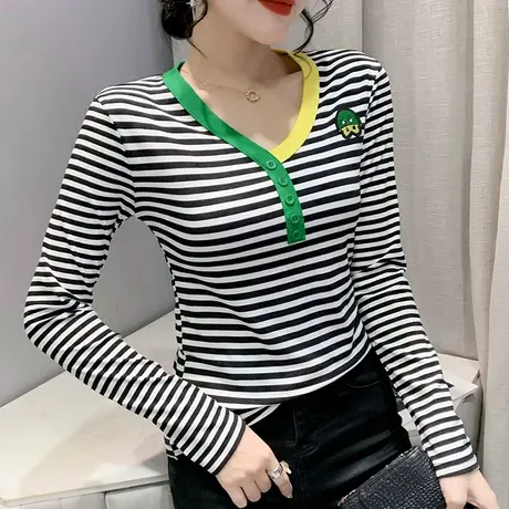 欧货条纹打底衫女长袖2024春秋新款时尚V领显瘦T恤设计感洋气上衣商品大图