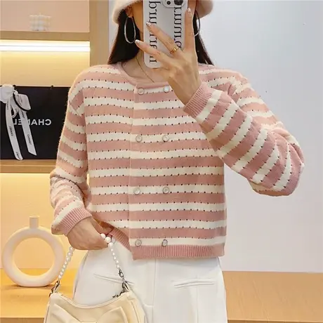 短款圆领镂空针织开衫女2023秋冬新款长袖条纹毛衣外套日系宽松女商品大图