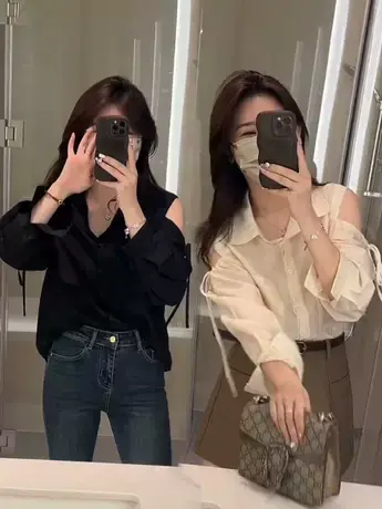 时尚露肩长袖衬衫女2023初秋新款绑带设计感小众欧货小衫衬衣潮款图片