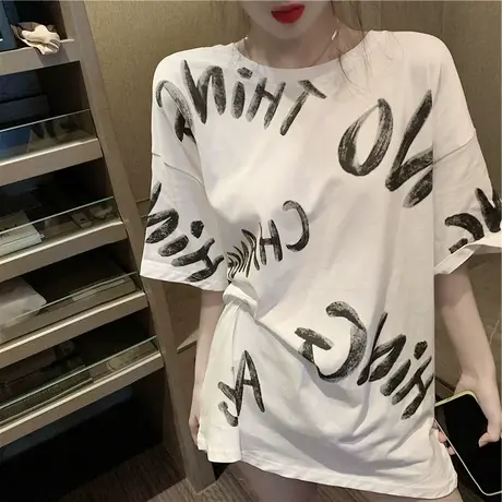 衣服2023年夏季中长款新款纯棉短袖t恤女装ins潮灰色宽松体桖上衣图片