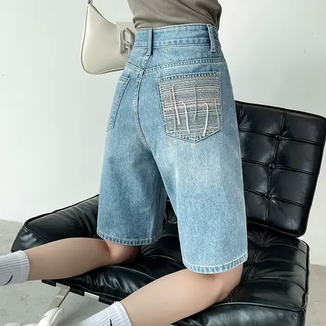 刺绣牛仔五分裤女夏季薄款直筒高腰显瘦小个子宽松a字阔腿5分中裤商品大图