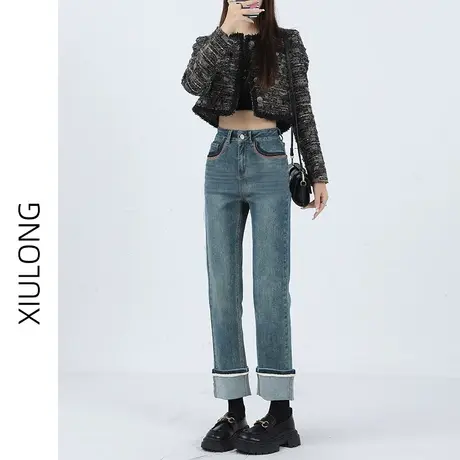 高腰直筒牛仔裤女春秋季2023年新款显瘦小个子九分翻边阔腿烟管裤商品大图