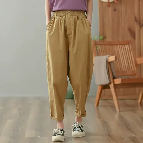 dza 高腰显瘦纯棉休闲裤女2023夏薄款九分直筒裤松紧腰百搭哈伦裤图片