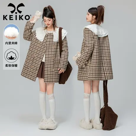 KEIKO [夹棉] 蕾丝娃娃领格子毛呢大衣女2024早春赫本风呢子外套商品大图