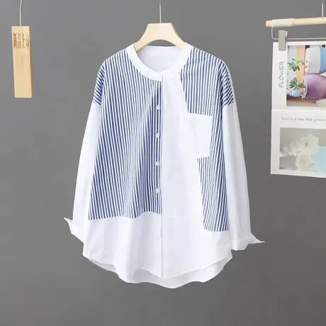 春装2024年新款小众条纹拼接立领衬衫女长袖小清新棉质衬衣上衣潮图片