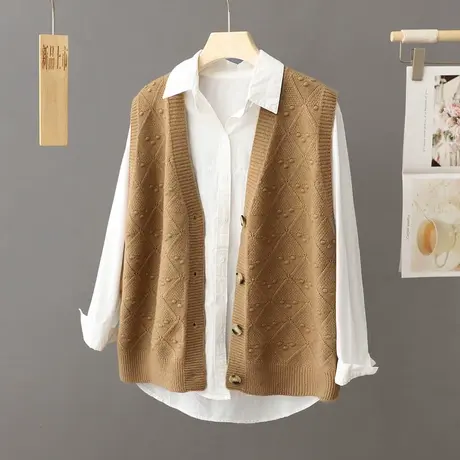 复古V领开衫针织马甲女秋宽松无袖麻花毛衣背心叠穿气质坎肩外套图片