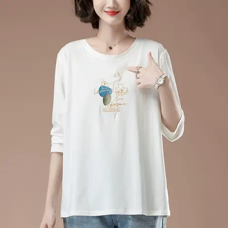 长袖t恤女春秋装新款加肥加大码女装宽松妈妈纯棉印花显瘦打底衫商品大图