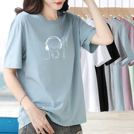 纯棉短袖t恤女士浅蓝色夏装2024年新款夏季宽松基础款半袖上衣服商品大图