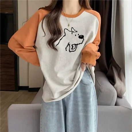 春秋冬季加绒加厚无帽插肩袖卫衣女韩版宽松百搭撞色拼接上衣外套商品大图