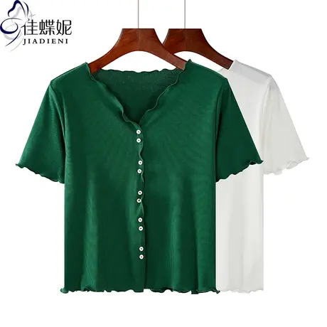 夏季新款纯白修身显瘦纯色简约短款高腰V领荷叶边短袖体恤上衣女图片