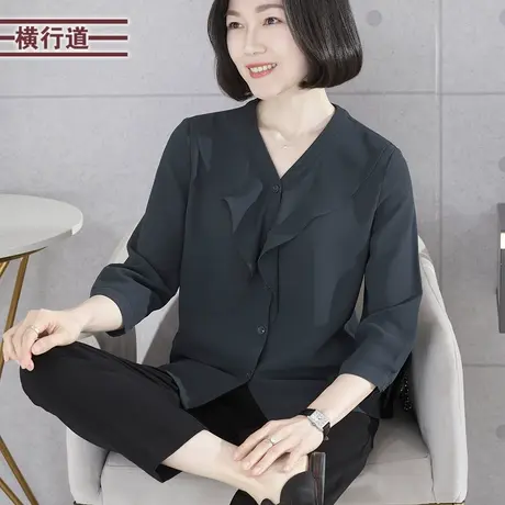 2024春季新款简约V领荷叶边宽松中袖雪纺衫外穿女上衣大码妈妈装图片