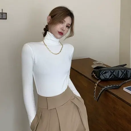 2024年新款春秋冬高领加绒洋气打底衫内搭白色德绒长袖t恤女上衣图片