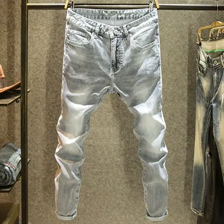 灰色牛仔裤男款修身小脚裤2024夏季新款时尚水洗潮牌百搭长裤子薄商品大图