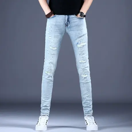 秋冬潮流浅蓝色破洞牛仔裤男款修身小脚裤子弹力百搭2023新款高端商品大图