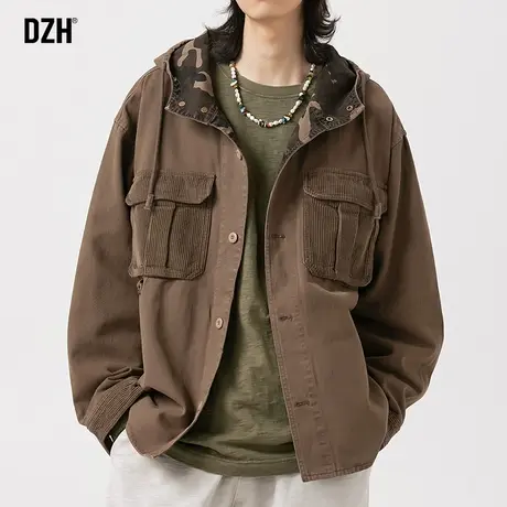 男士美式工装外套男纯棉秋季潮高级感男装2023新款连帽复古夹克衫商品大图