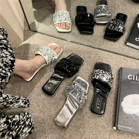 网红亮片拖鞋女超火2023新款夏气质外穿百搭一字拖法式粗跟小凉拖商品大图