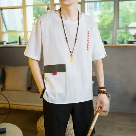 夏季潮牌原宿港风冰丝t恤男加肥大码亚麻短袖韩版潮流工装上衣服商品大图