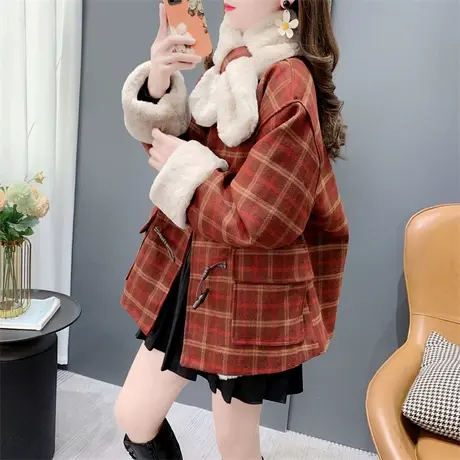 港风复古格纹毛呢外套女秋冬2023年新款宽松氛围感设计感加绒上衣商品大图