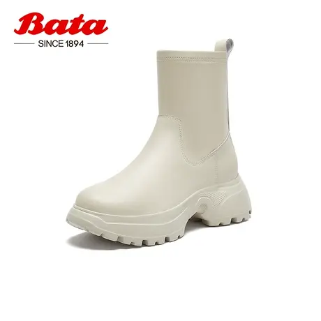 奥莱Bata弹力瘦瘦靴女冬季新款牛皮厚底百搭通勤时装短靴30082DZ3图片