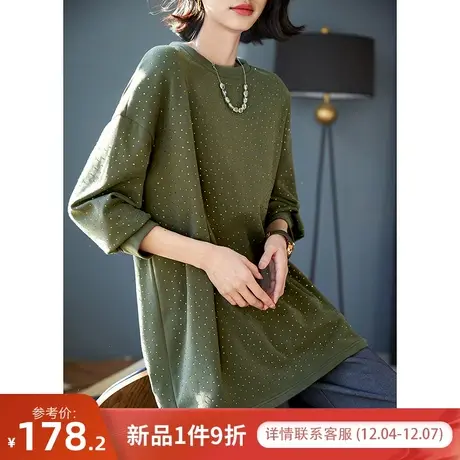 宝诗黎圆领烫钻棉质长袖T恤女春季时尚宽松打底落肩上衣2024新款图片