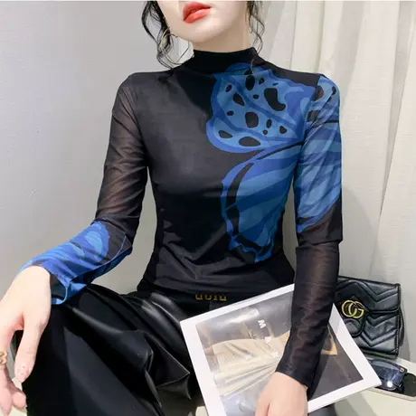 时尚性感网纱打底衫长袖印花洋气内塔加绒上衣女修身T恤ins半高领商品大图