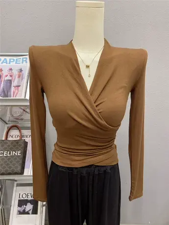 气质交叉V领性感修身显瘦上衣女褶皱百搭T恤秋季时尚长袖打底衫商品大图