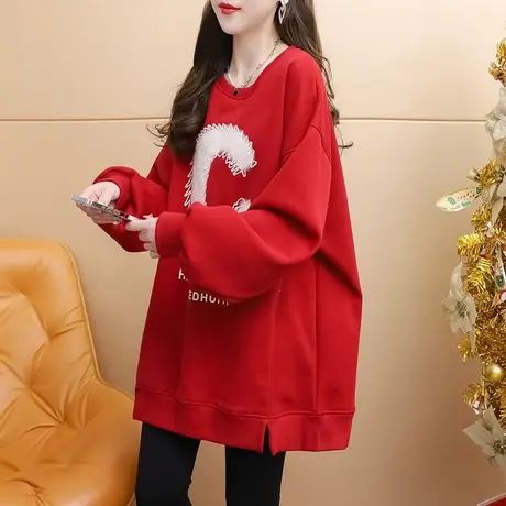 加绒加厚卫衣女中长款打底衫冬季2023新款宽松慵懒风洋气百搭上衣商品大图