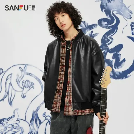 三福2024春男士短款棒球领PU绒里拼接皮革夹克 外套上衣481211商品大图