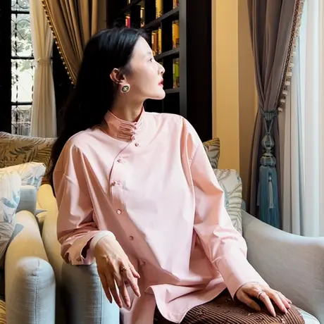 醋酸索罗娜衬衫女秋冬新款内搭立领新中式上衣白色衬衣斜襟打底衫图片