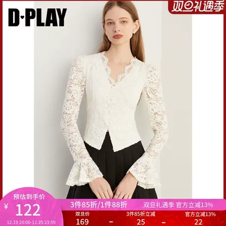 DPLAY【惠品】2025春季法式蕾丝女上衣白色磨毛打底衫镂空小衫商品大图