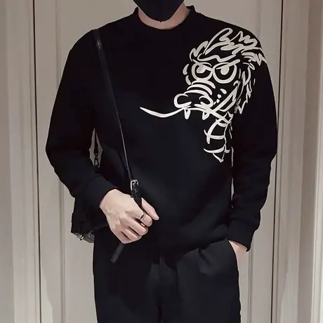 秋季潮牌小众卫衣外套上衣男套头长袖潮流龙头印花个性T恤打底衫商品大图