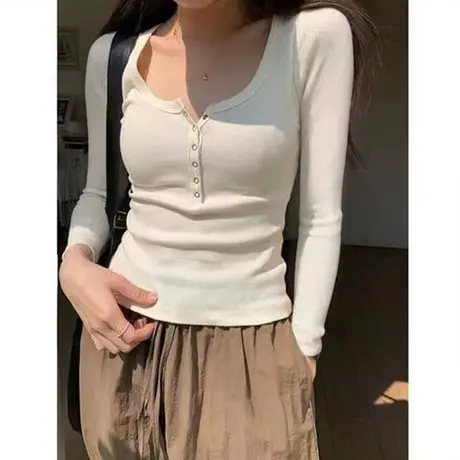 螺纹正肩t恤显瘦白色长袖女秋冬季紧身辣妹chic别致U领漏锁骨上衣图片