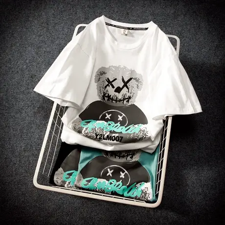 港风小熊纯棉潮牌t恤男短袖宽松衣服夏季半袖休闲学生百搭体恤衫商品大图