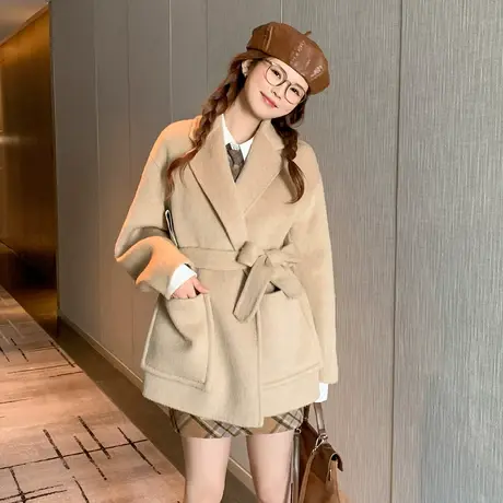 othermix 双面呢羊毛大衣女2024春秋新款小个子毛呢外套羊绒大衣图片