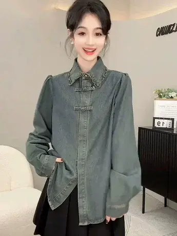 中式盘扣牛仔衬衫2024早春季新款POLO领设计感小众牛仔上衣外套女图片