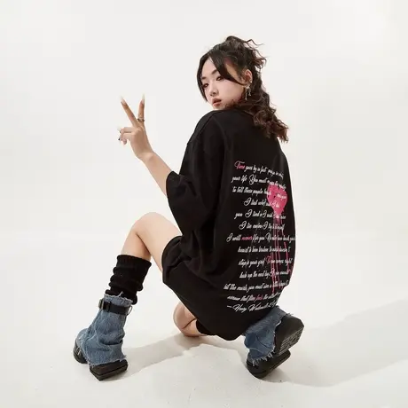 YEP潮牌黑色爱心印花短袖t恤女2024春夏新款复古宽松oversize上衣商品大图