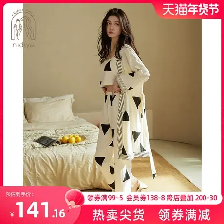 妮狄娅2024睡衣睡袍女春夏纯棉带胸垫吊带春秋时尚三件套装家居服商品大图