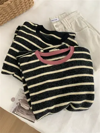 毛绒感撞色圆领条纹T恤女宽松时髦休闲百搭加厚磨毛短袖商品大图