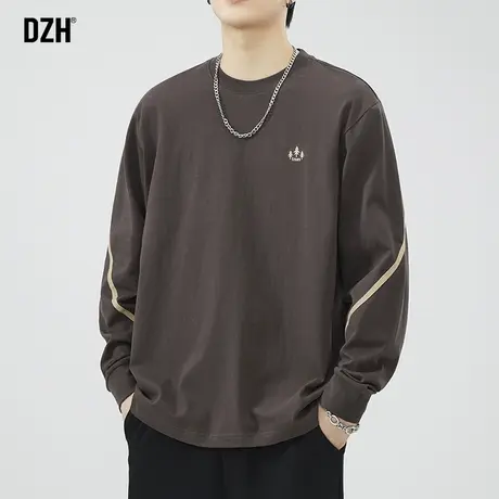 男士纯棉打底衫男t恤长袖内搭2024新款春季衣服男款卫衣棕色上衣商品大图