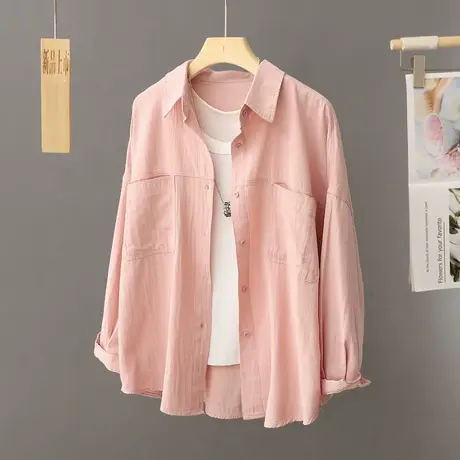 粉色长袖纯色衬衫女薄外套宽松上衣女春季2024新款设计感小众衬衣商品大图