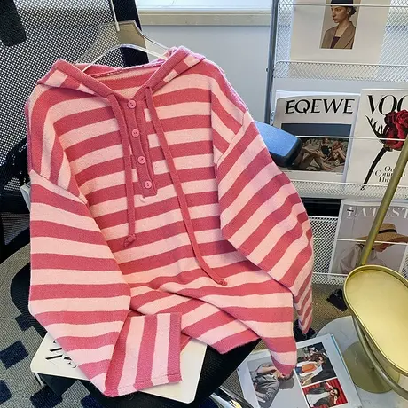 设计感连帽条纹毛衣女秋冬外穿宽松慵懒风日系复古软糯糯上衣外套商品大图