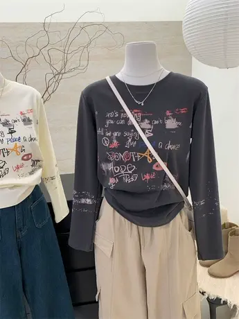 美式复古字母印花长袖t恤女2024春季新款韩版宽松显瘦打底衫上衣商品大图