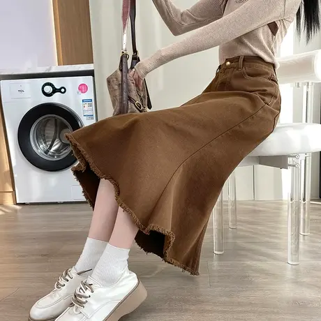 咖色复古毛边牛仔半身裙女春夏新款高腰a字显瘦法式包臀裙鱼尾裙图片