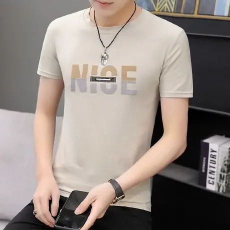 短袖T恤男士圆领纯色体恤衣服纯棉修身半袖汗衫刺绣字母打底衫ins商品大图